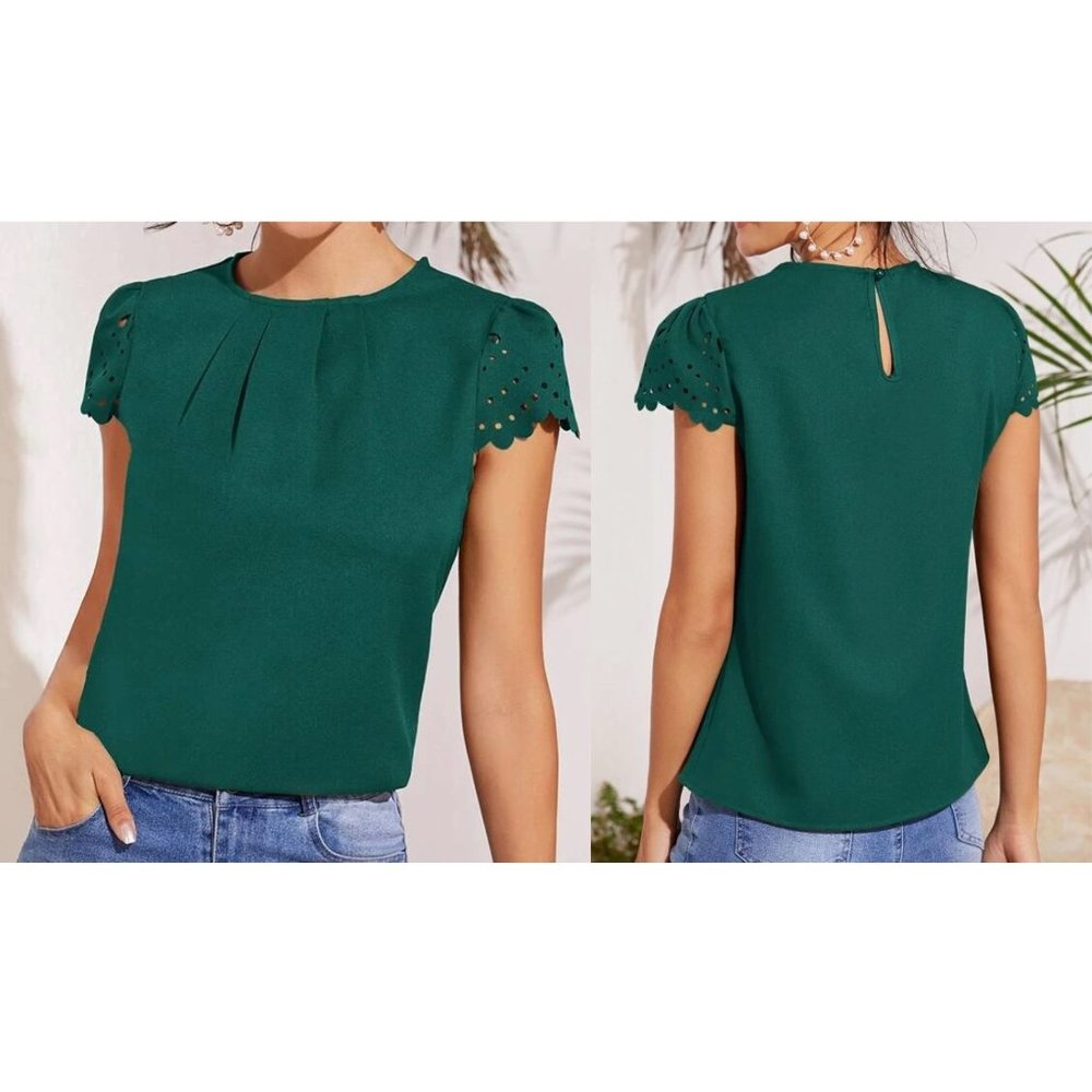 Shein Scallop Trim Laser Cut Sleeve Pleated Detail Top - Dark Green - Size M